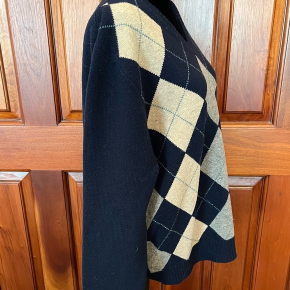 J.Crew Sweater Mens Large Knit LambsWool V-Neck Navy Cream Argyle Vintage - Picture 2 of 8
